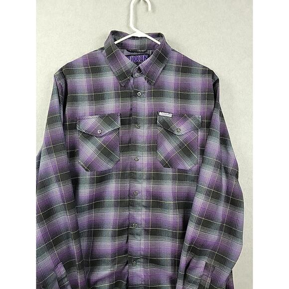 DIXXON Ballistic BJ Baldwin Purple Plaid LS Snap Up Flannel Shirt Men's Large - Picture 2 of 12